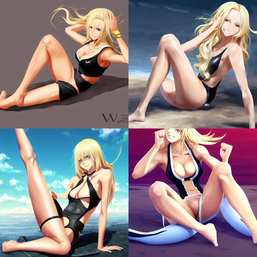 Prompt: An athletic tall blonde woman with a winning and radiant smile, long blonde hair, wearing a pure white one-piece swimsuit and leather fighting gloves. Leaning back, reclining pose. Fighting shonen anime, digital painting by WLOP