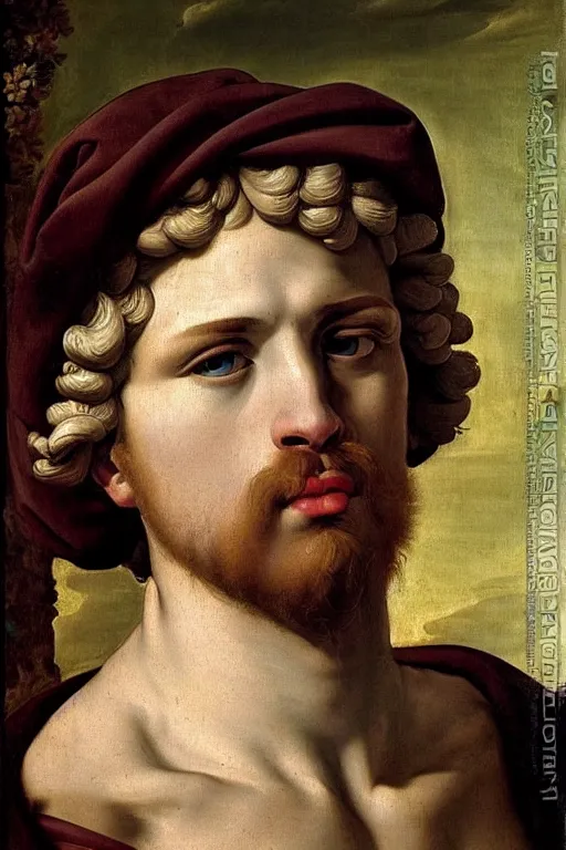 Image similar to renaissance painting of man, short blonde hair, thoughtful face, emotions closeup, dressed in roman armour, the beautiful garden with olive leaves, ultra detailed, art by Guido Reni style, Vincenzo Catena style