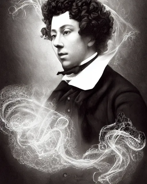 Prompt: a highly detailed portrait of poet Alexander Sergeyevich Pushkin as a devious male magician radiating a powerful energy aura, ornate back tuxedo, wispy tendrils of smoke, swirling vortex of energy, performance art, intricate, digital painting, old english, raining, sepia, particles floating, whimsical background by marc simonetti, art by artgerm and greg rutkowski and alphonse mucha