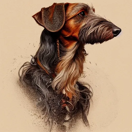 Image similar to portrait of a rugged wirehaired dachshung, salt and pepper hair, soft hair, d & d, muscular, fantasy, intricate, elegant, highly detailed, digital painting, artstation, concept art, smooth, sharp focus, illustration, art by artgerm and greg rutkowski and alphonse mucha