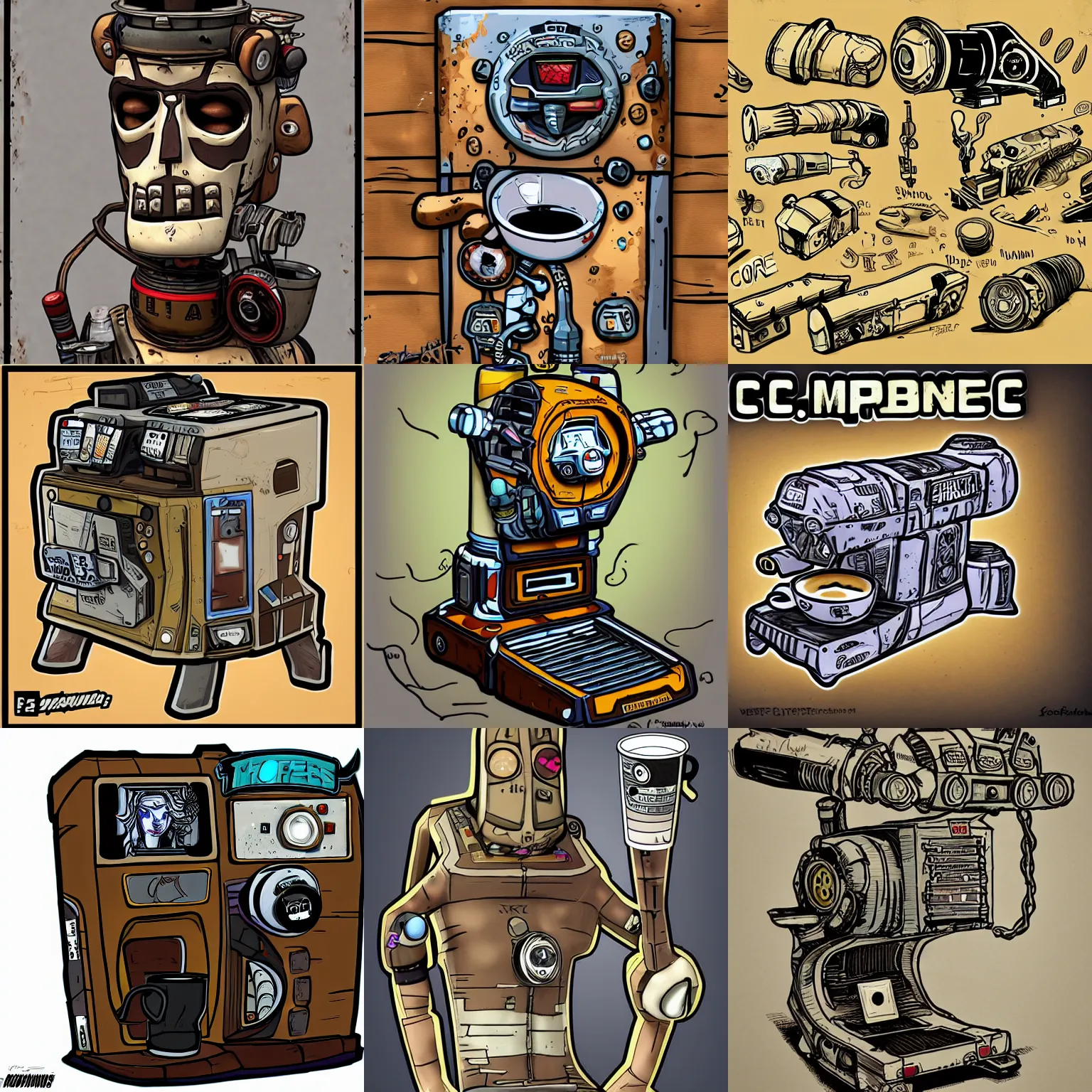 Prompt: coffe machine from borderlands, sci - fy, handdrawn, detailed,