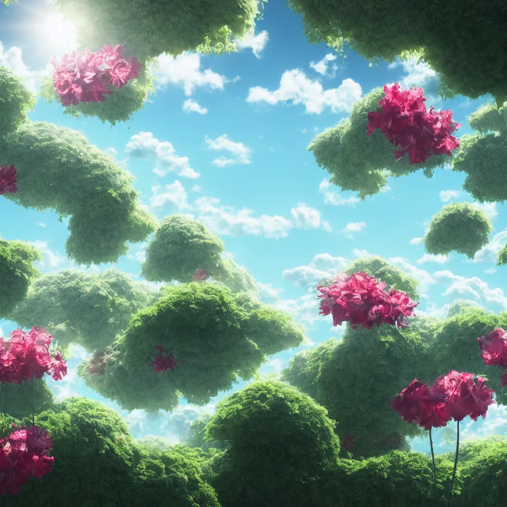 Image similar to city in the sky, flying island, white fluffy cloud, monocular, volumetric light, leaves foliage and stems, hibiscus flowers, alexander mcqueen, rim light, studio ghibli 8 k