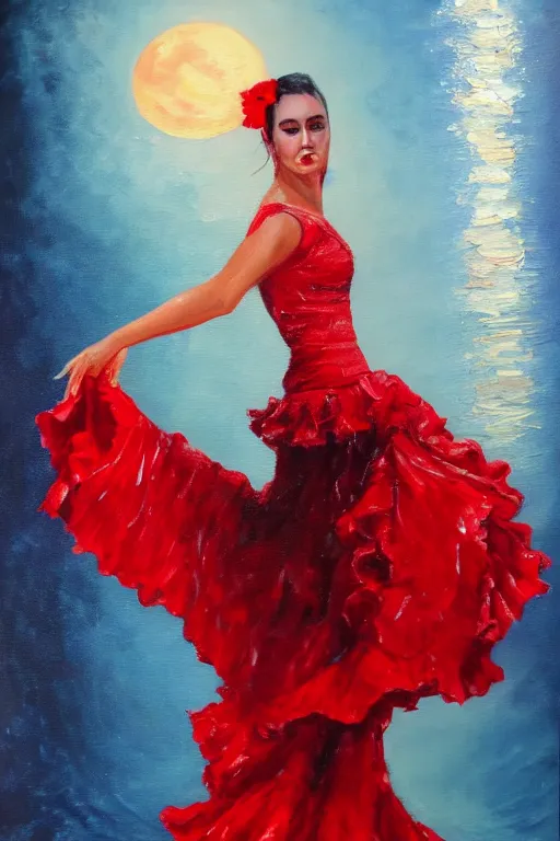 Prompt: detailed oil painting of spanish flamenco dancer standing in water, wearing a dress red dress that's floating, midnight, moon, dimly lit, looking away, dark shadows, ethereal, photo realistic, high definition, 4 k, slr