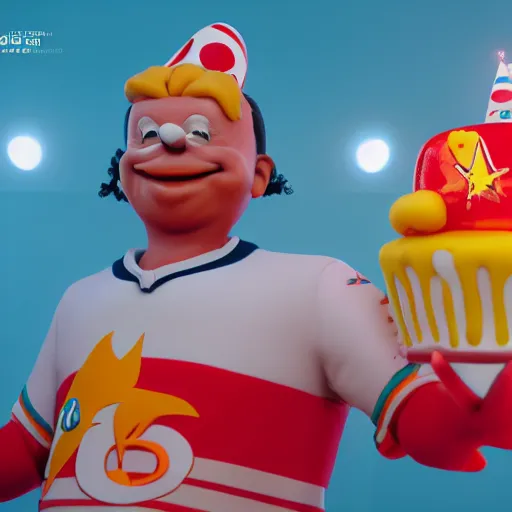 Image similar to Ronald Mcdonald with a birthday cake wearing a miami dolphins jersey, concept art, cgsociety, octane render, trending on artstation, unreal engine 8k,