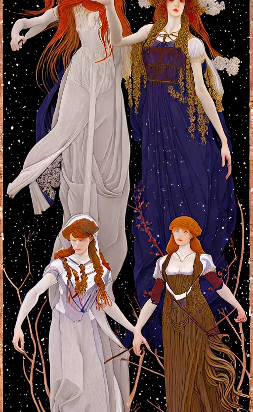 Image similar to 3 Figures as Winter Spirits, style is a blend of Ivan Bilibin, Botticelli, and John Singer Sargent, inspired by pre-raphaelite paintings, shoujo manga, and Slavic folk fairytale aesthetic, dark and moody colors, hyper detailed, super fine inking lines, 4K extremely photorealistic digital art