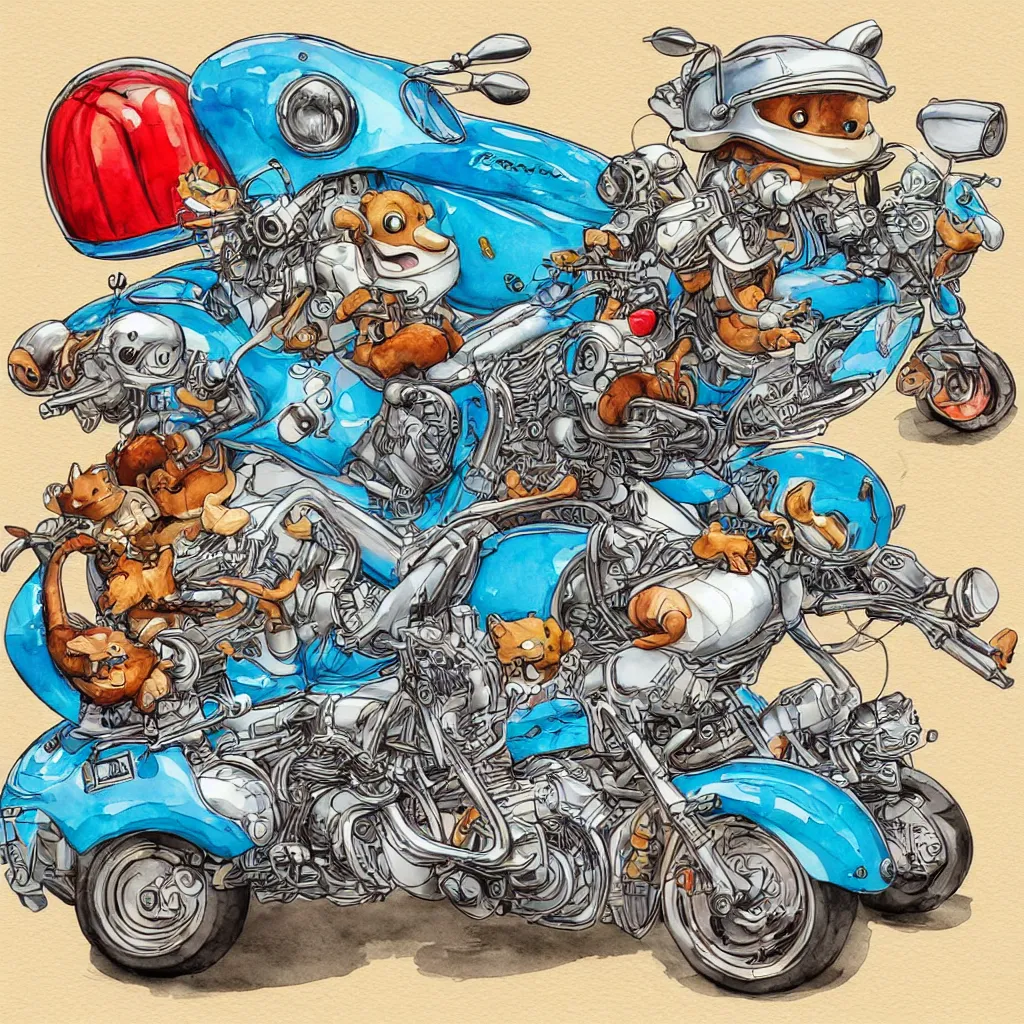 Image similar to cute and funny, squirrel wearing a helmet riding in a hot rod with oversized engine, ratfink style by ed roth, centered award winning watercolor pen illustration, isometric illustration by chihiro iwasaki, edited by range murata, tiny details by artgerm and watercolor girl, symmetrically isometrically centered, sharply focused