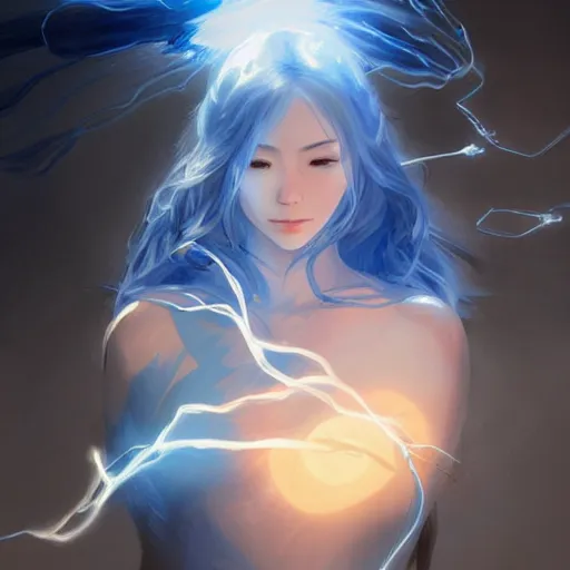 Image similar to japanese lightning goddess, d & d, blue color palette, highly detailed, digital painting, artstation, concept art, sharp focus, illustration, cinematic lighting, art by artgerm and greg rutkowski