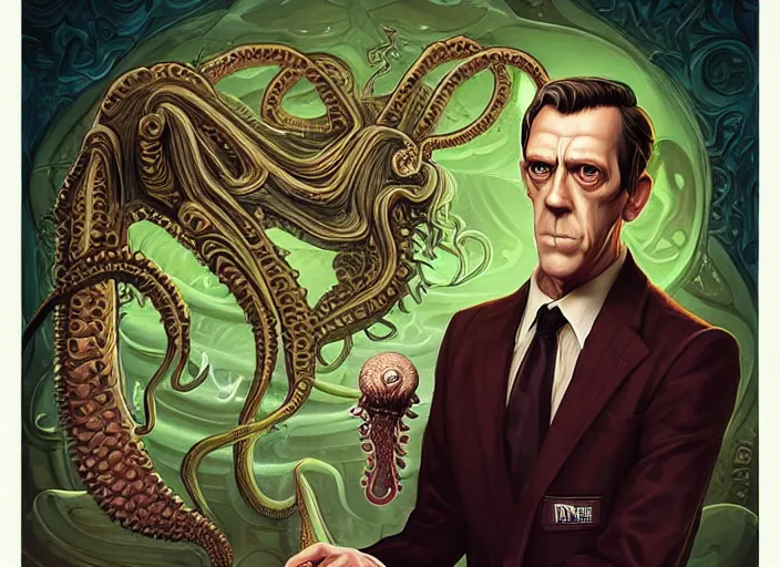 Prompt: lovecraft lovecraftian portrait of hugh laurie, cthulhu, pixar style, by tristan eaton stanley artgerm and tom bagshaw.