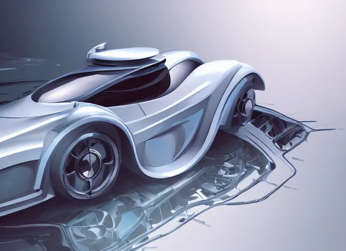 Image similar to an automobile in a studio, futuristic, art style by pablo carpio, car design by vergil exner, big engine and big wheels. full view, blank background.