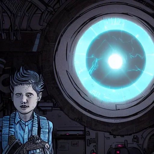 Image similar to in the style of max prentis and deathburger and laurie greasley a close up of a young explorer wearing a cyberpunk headpiece who is standing in front of a large circular ancient glowing portal, highly detailed, 8k wallpaper