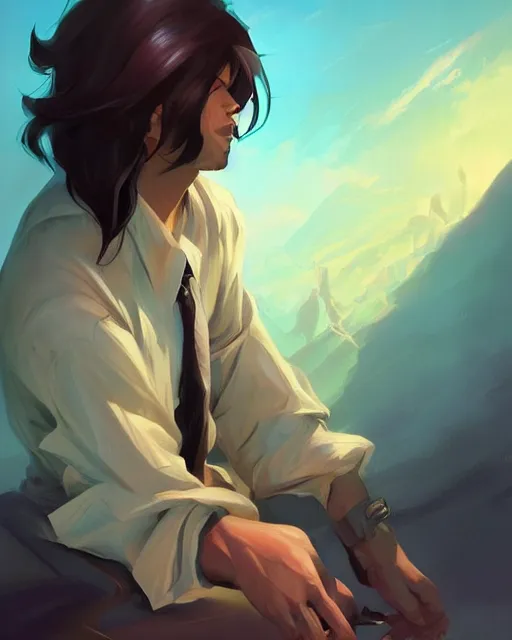 Image similar to a handsome man with dark long hair in curtain, game design fanart by concept artist gervasio canda, behance hd by jesper ejsing, by rhads, makoto shinkai and lois van baarle, ilya kuvshinov