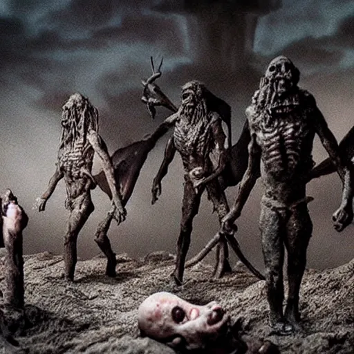 Prompt: the bible apocalypse, extremely detailed claymation art, extremely realistic, dark, moody, foggy