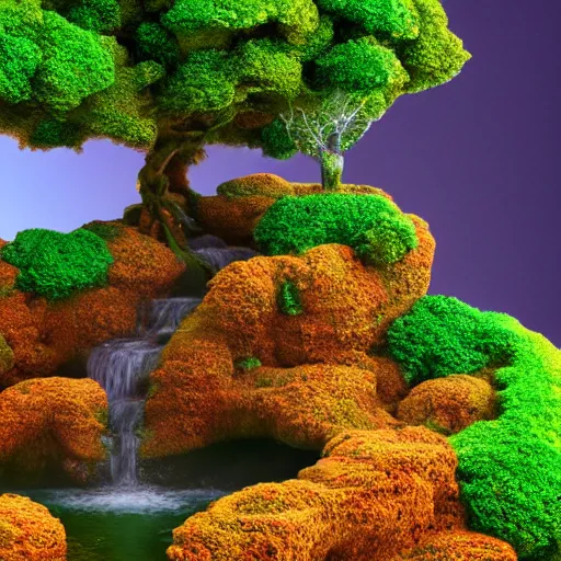 Image similar to a dryad tree spirit atop a floating waterfall. isometric 3d render, landscape reds, greens, yellows