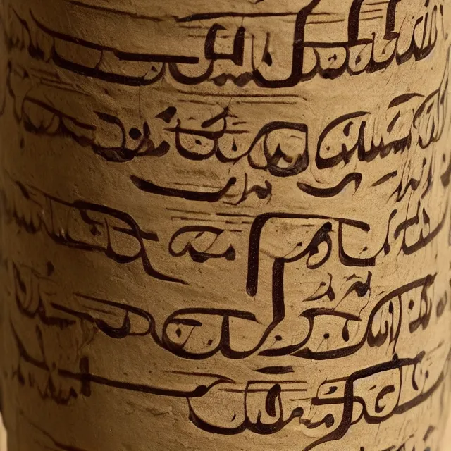 Image similar to a full realistic photo of a tall and thin cylindrical clay scroll jar with two sentences of nabatean aramaic, dark, brooding, atmospheric, volume lighting