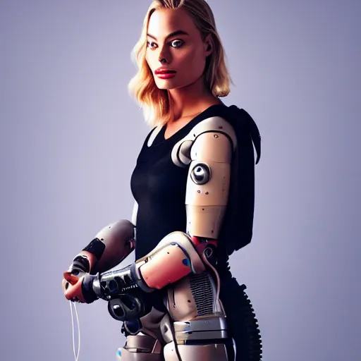 Prompt: full body portrait of Margot Robbie as a cyborg with robotic prosthetic arms and legs, 4k, hyperdetailed, photorealist, DSLR photograph