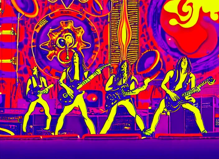 Image similar to members of the band tool performing on stage at a very large concert venue, colorful,modern, disney poster, detailed,