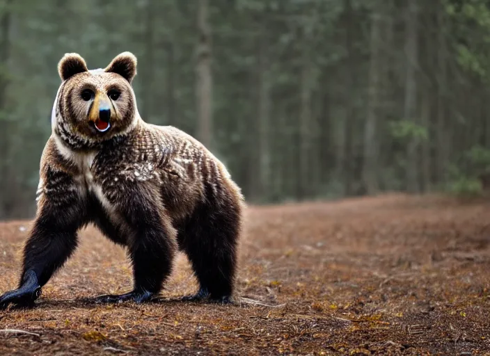 Image similar to an award winning photo of a owl - headed bear, very very bear, bear walking on all fours, full body portrait, forest, 4 k, wildlife photography, high quality, national geographic