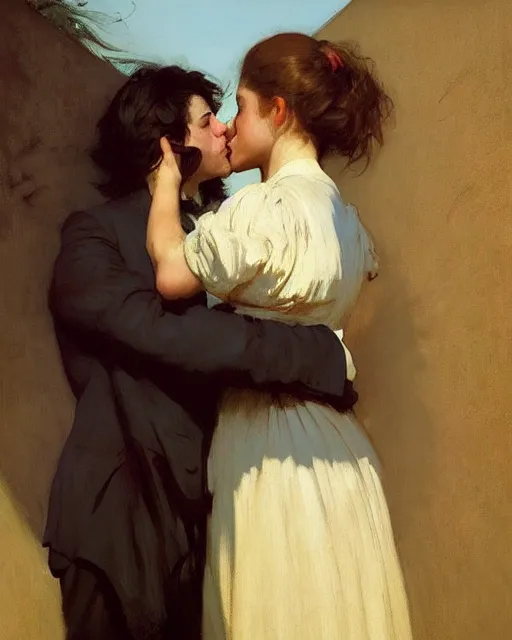 Image similar to a guy and a girl kissing, art by greg rutkowski, gustave courbet, rosa bonheur, edward hopper. faithfully depicted facial expression, perfect anatomy, sharp focus, global illumination, radiant light, detailed and intricate environment, trending on artstation