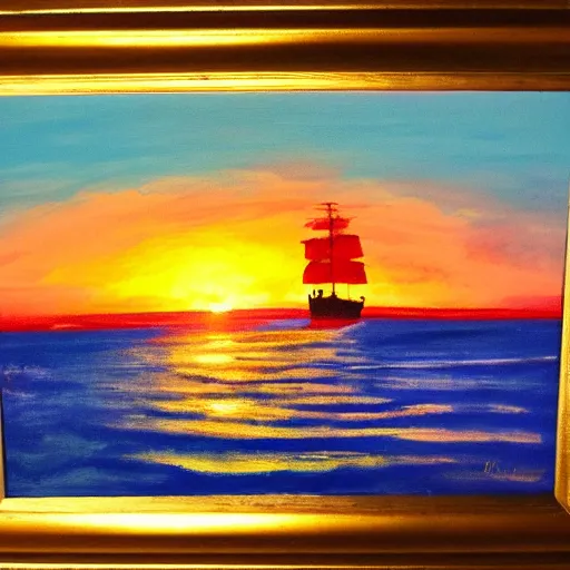 Image similar to A vivid painting of a ship leaving the dock on the day of reckoning. The sun is setting. Paradise is on the horizon.