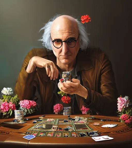 Prompt: portrait of larry david of the underworld playing poker, surrounded by flowers by karol bak, james jean, tom bagshaw, rococo, trending on artstation, cinematic lighting, hyper realism, octane render, 8 k, hyper detailed.