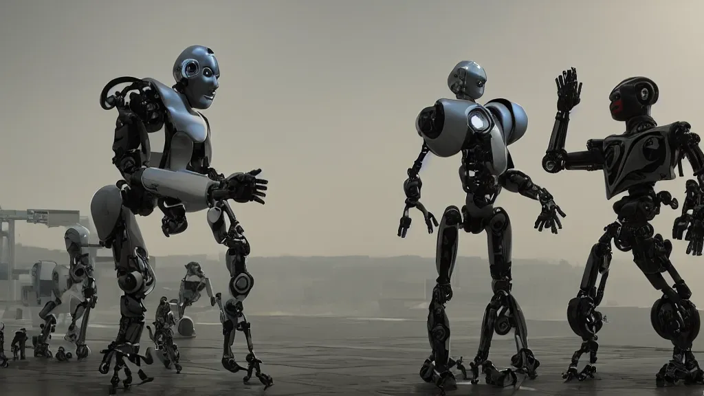 Prompt: robots debating AI ethics, movie still, cinematic composition, cinematic light, criterion collection, re imagined by industrial light and magic, Movie by Andrzej Żuławski