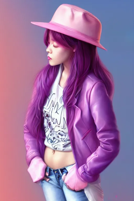 Image similar to gorgeous!!! hyper - realistic teenager girl with pink hair, light pink fedora hat and light pink jacket, with purple gloves, blue jeans and white shoes | drawn by wlop, drawn by jeehyung lee, drawn by artgerm | intricate, highly detailed, digital painting, character design, concept art, illustration, artstation