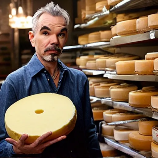 Prompt: billy bob thornton eating a large wheel of cheese,