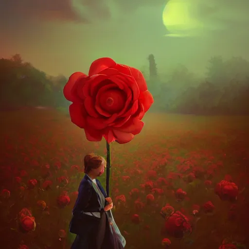 Prompt: closeup, giant rose flower head, frontal, girl in a suit, surreal photography, sunrise, dramatic light, impressionist painting, digital painting, artstation, simon stalenhag