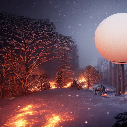Image similar to a bright glowing sphere picturing a burning medieval city, above treetops of a winter forest, storybook illustration, octane render, detailed painting, by katherine federer, anthony pafford, harry gamboa and tracy flickinger