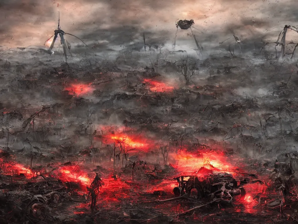 Image similar to landscape art of 8k ultra realistic war of the worlds walkers, destruction, full of colour, cinematic lighting, trending on artstation, 4k, hyperrealistic, focused, extreme details,unreal engine 5, cinematic, masterpiece, Edwardian, tripod, red weed, apocalyptic, demolition, heat ray, artillerymen, eve of war, dead london, invasion, art by Geoff Taylor