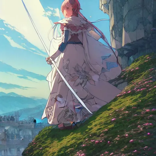 Image similar to the knight and the sword of rose petal, anime, castle core, mountains, rocky roads. by hayao miyazaki and rossdraws and artgerm and greg rutkowski and alphonse mucha and studio ghibli and ilya kuvshinov. high quality, stunning, intricate detailed environment. 8 k