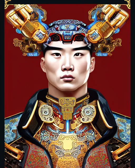 Image similar to portrait of a chinese masculine male cyberpunk machine, machine face, upper half portrait, decorated with chinese opera motifs, muscular, asian, fine china, wuxia, traditional chinese art intricate intense elegant 京 剧 highly detailed symmetry headpiece digital painting artstation concept art smooth sharp focus illustration, art by artgerm and greg rutkowski alphonse mucha 8 k