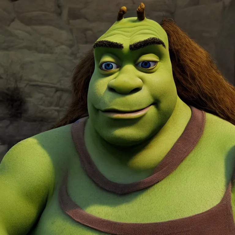 Image similar to Shrek living in a van with long hair , cinematic lighting, photorealistic image, 8k, ultra detailed, high resolution,