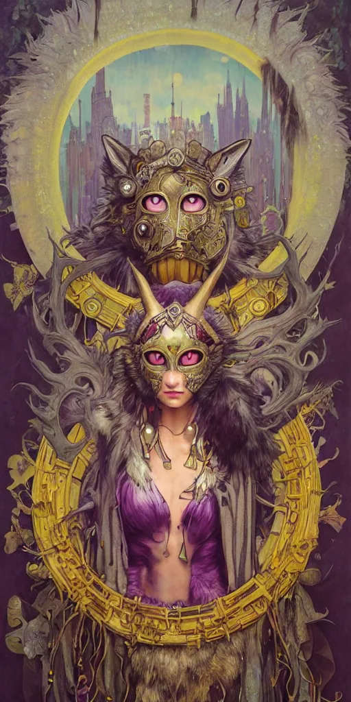 Prompt: hyper realistic Princess Mononoke in her mask, busy metropolis, city landscape, wolves, magic, castle, jewels, style of tom bagshaw, mucha, james gurney, norman rockwell, gems and gold, waterfalls, denoised, sharp, yellow purple colours,