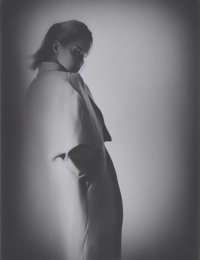 Image similar to polaroid photo with flash, non ordinary beauty female model, in a oversize blazer, polaroid photo bleached strong lights, kodak film stock, hyper real, stunning moody cinematography, with anamorphic lenses, by maripol, detailed