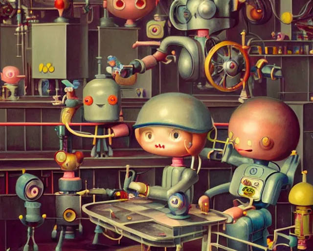 Prompt: closeup profile portrait of a 1 9 5 0 s tin toy robot factory, nicoletta ceccoli, mark ryden, lostfish, max fleischer, hyper realistic, artstation, illustration, digital paint, matte paint, vivid colors, bright, cheerful, detailed and intricate environment