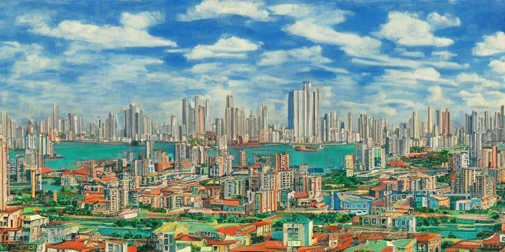 Prompt: panama city skyline by picasso and rembrandt, studio ghibli color scheme