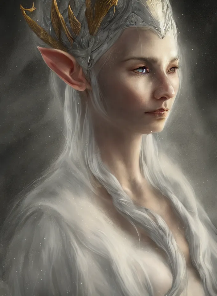 Image similar to a closeup portrait of an elven sorceress from skyrim wearing a white dress, fantasy setting, cold environment, serene colors, soft lighting, atmospheric, cinematic, moody, in the style of diego koi, gina heyer, luiz escanuela, art by alyssa monk, depth, hyperrealism, rule of thirds, golden ratio, oil on canvas, 8 k