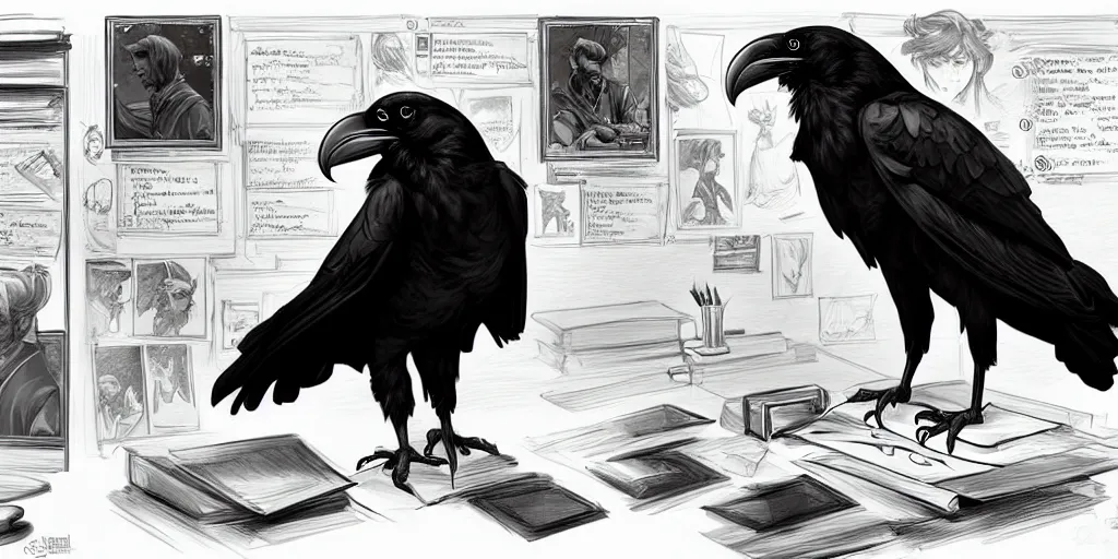 Prompt: a scholarly raven is seen writing at his desk. character sheet, character design, contrast, deep focus, turnaround, highly detailed, dramatic lighting, digital painting, artstation, concept art, matte, sharp focus, illustration, elegant, art by artgerm and greg f and alphonse mucha.