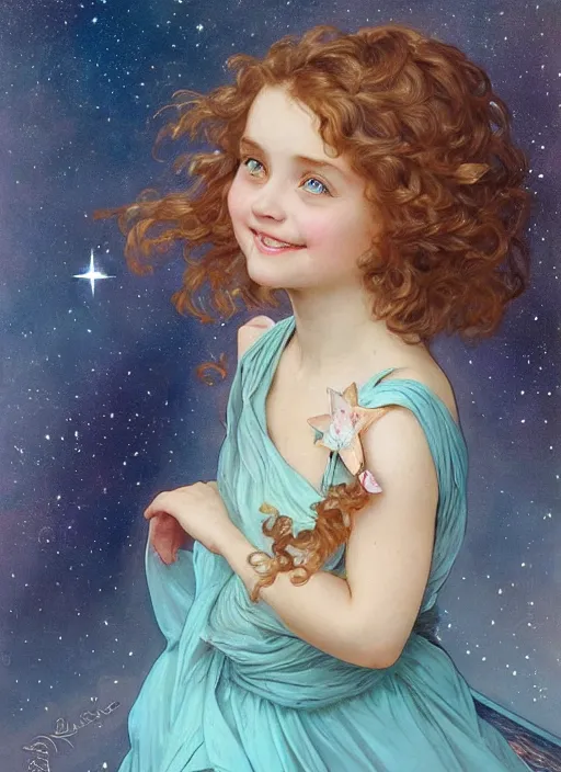 Image similar to a cute little girl with a round cherubic face, blue eyes, and short curly light brown hair smiles as she floats in space with stars all around her. She is wearing a turquoise dress. Beautiful painting by Artgerm and Greg Rutkowski and Alphonse Mucha