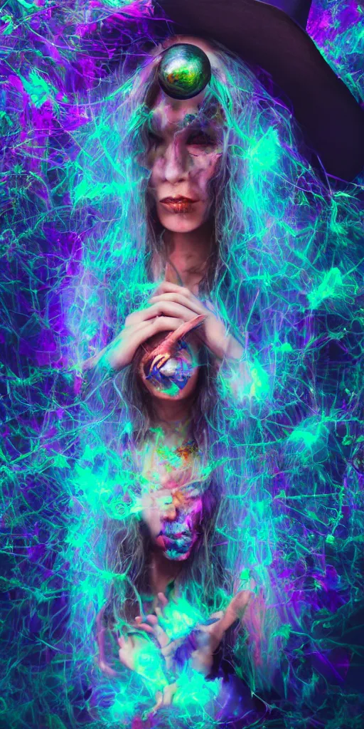 Prompt: impossibly beautiful witch using magic to hypnotize enemies, summer camp, complexity, horror, psychedelic glitch art, rainbow drip paint, trending on art station, photoreal, 8k, octane render
