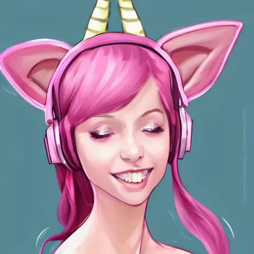 Image similar to very very very beautiful pink gamer girl wearing headphones with a unicorn horn coming out of her head standing in a pink girls room, full body portrait, eye contact, smiling, perfect face, perfect body, extreme long shot, drawn by artgerm and charlie bowater