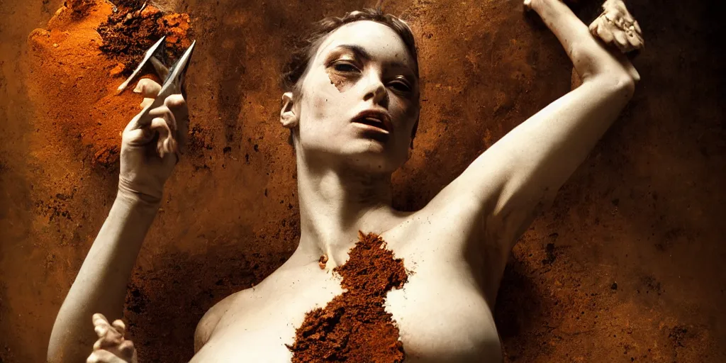 Image similar to highly detailed photography of a woman made of rust clay and embers, rocks, fire, hand gesture, sharp focus, dust particles, dirt, dramatic scene, aesthetic, dynamic lighting, elegant, harmony, masterpiece, by roberto ferri, blue background, high quality, spatula