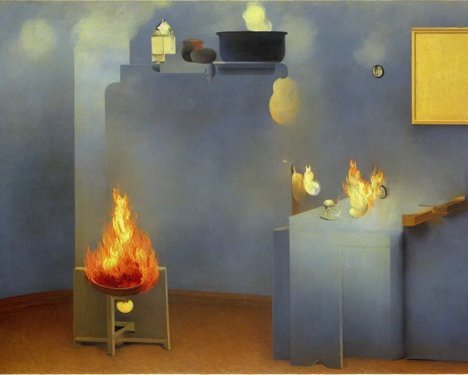 Prompt: achingly beautiful painting of a sophisticated, well - decorated kitchen stove by rene magritte, monet, and turner. whimsical.