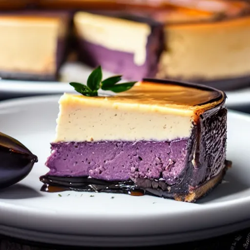 Image similar to close view of a delicious sweet and perfect eggplant cheesecake piece, award winning, 4 k, beautiful