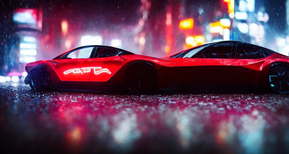 Image similar to close up macro shot of a tron tesla car on wet city street at night, intricate, hyper detailed, smooth, high contrast, neon, volumetric lighting, octane, moebius, greg rutkowski, blade runner, ripley scott, cindmatic