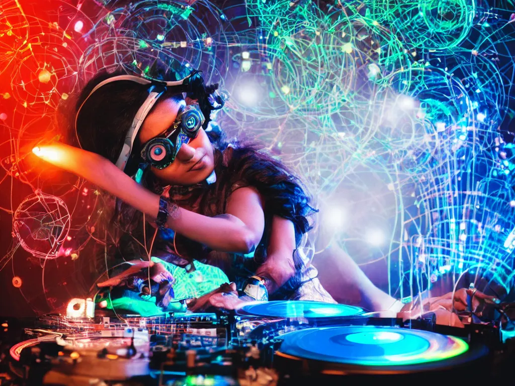 Image similar to an indian woman wearing goggles and visor and headphones using a retro record player contraption, microphone, speakers, turntablism dj scratching, screens, smoky atmosphere, intricate planetary gears, cinematic, imax, sharp focus, leds, bokeh, iridescent, black light, fog machine, hazy, lasers, hologram, hyper color digital art