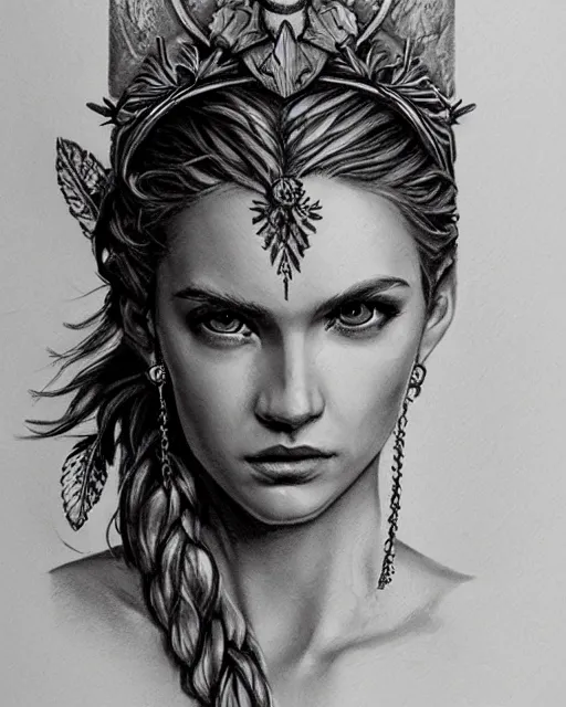 Image similar to beautiful aphrodite greek goddess wearing a laurel wreath and arrowhead earrings, hyper - realistic tattoo sketch, beautiful piercing eyes with sharp pupils, beautiful blonde hair, in the style of greg rutkowski, fantasy, amazing detail, epic, elegant, smooth, sharp focus