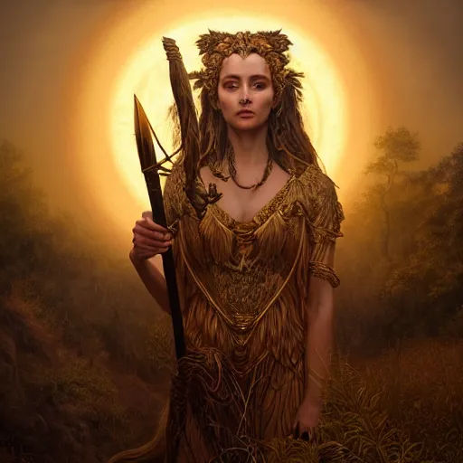 Image similar to majestic gracious regal deity artemis portrait, ancient greece, goddess of the hunt, the wilderness setting, atmospheric lighting, painted, intricate, volumetric lighting, beautiful, rich deep colours masterpiece, golden hour, sharp focus, ultra detailed, by leesha hannigan, ross tran, thierry doizon, kai carpenter, ignacio fernandez rios