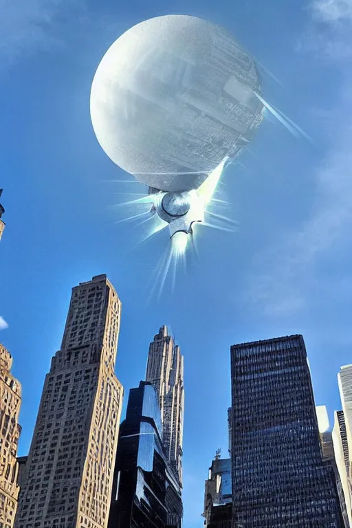 Image similar to A giant alien spaceship in the sky of New York, a photo taken on phone, photo taken from the ground, social media